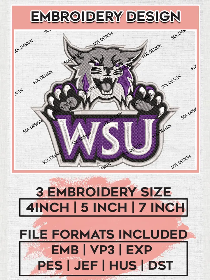 NCAA WSU Wildcats Team Head Mascot Logo Embroidery Design Files, NCAA Weber State Wildcats Machine Embroidery, NCAA Teams, 3 sizes, NCAA Machine embroidery designs, Digital Download