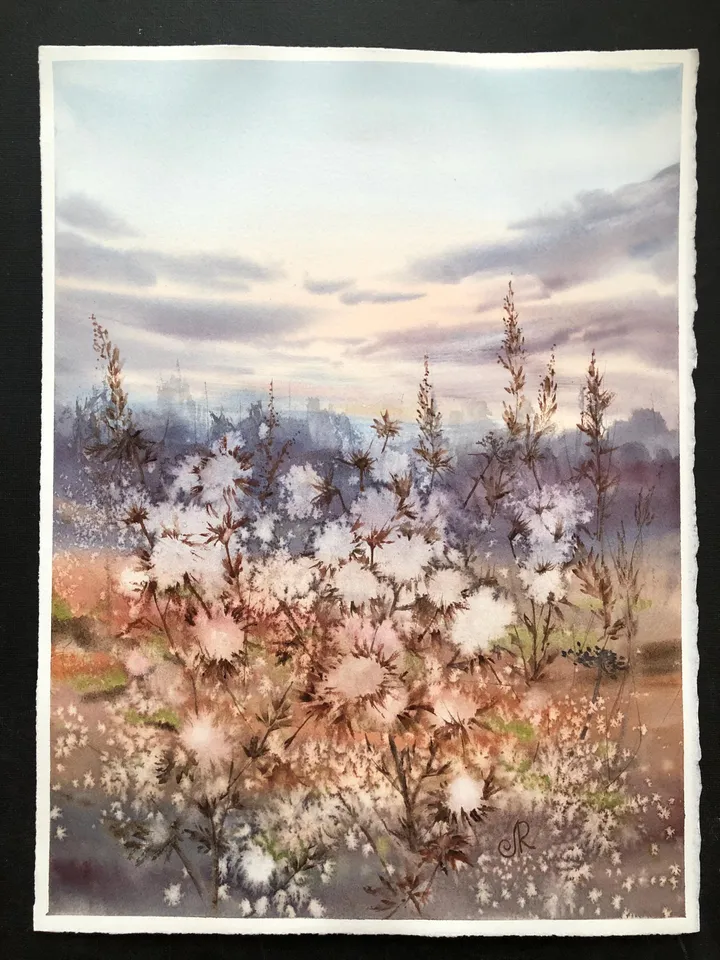 Meadow Original Watercolor Painting Field Landscape Wildflowers Art