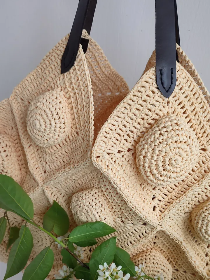 Unique handmade raffia beach bag with leather handles, summer handbag