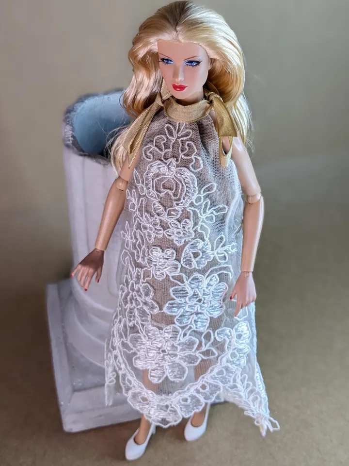 Handmade white & beige lace dress for 13-inch fashion dolls