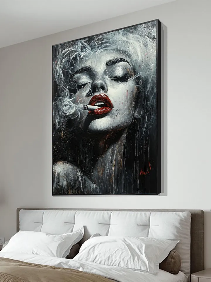 Smoking Woman Painting, Black and White Wall Art, Red Lips Art, Sensual Woman Portrait, Canvas Art, Large Wall Decor, Original Oil Painting