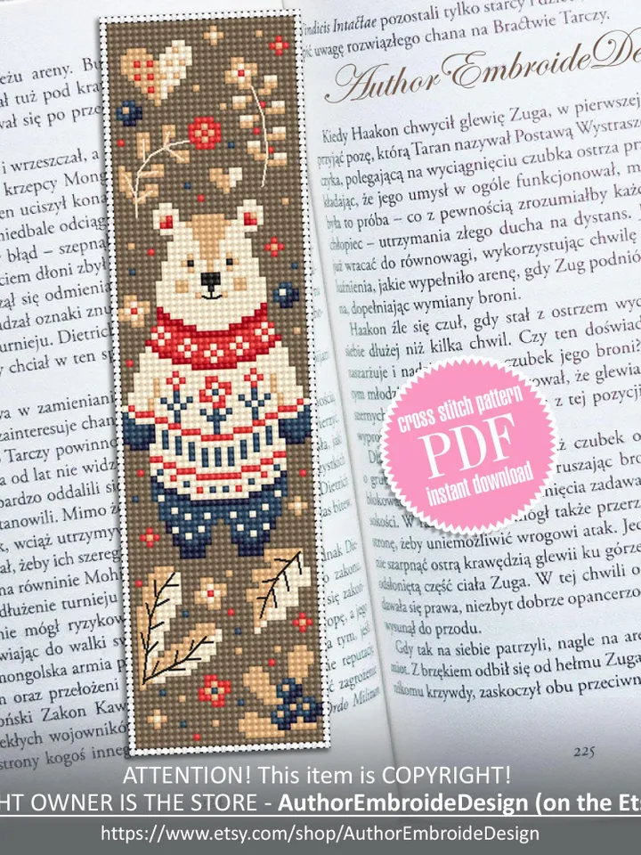 Animal bookmark cross stitch pattern PDF download Scandinavian folk bear cross stitch chart, Autumn bookmark pattern digital PDF #B425