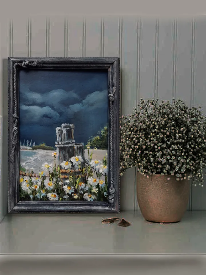 Oil painting on cardboard Before the storm. Painting in a decorative frame