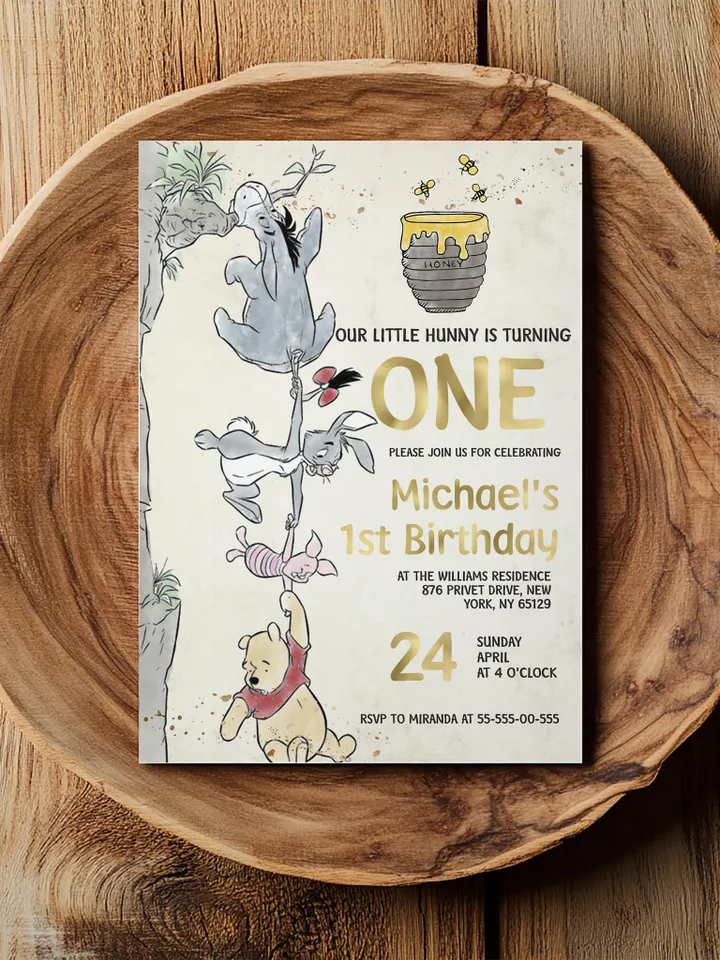 Winnie the Pooh Inspired First Birthday; Classic Winnie Pooh Invitations; Neutral Winnie Pooh Turning One; Winnie Pooh Birthday Party Theme