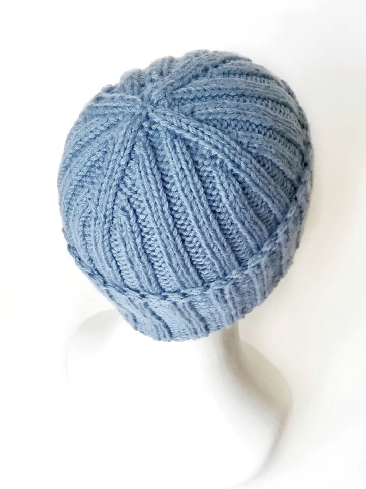 Handcrafted Light Blue Men's Winter Beanie: Luxurious Cashmere-Merino Wool Blend, Ribbed Texture, Cozy and Warm Knit Hat. FREE SHIPPING!