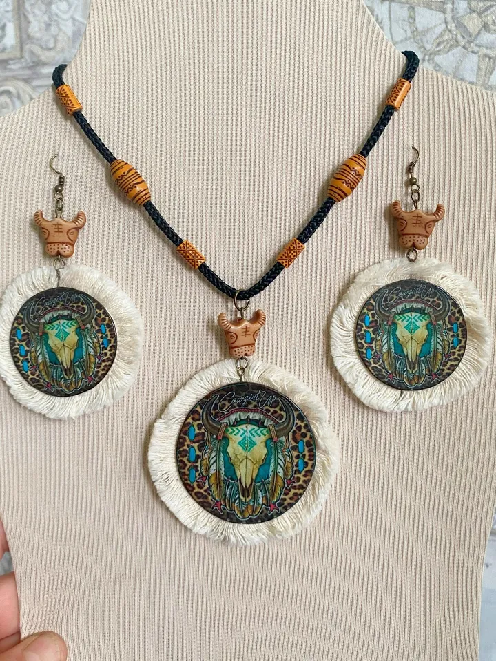 A set of interesting handmade jewelry.Handmade jewelry. Author's design. Set of earrings + pendant on a cord.
