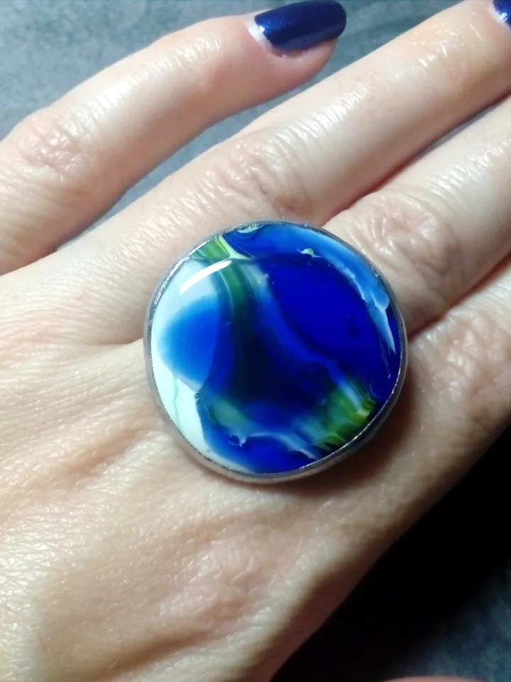 Blue Glass ring, fused cosmic universe ring, Fusing sea ring, Mermaid ring, Ocean wave ring, Tin soldered ring