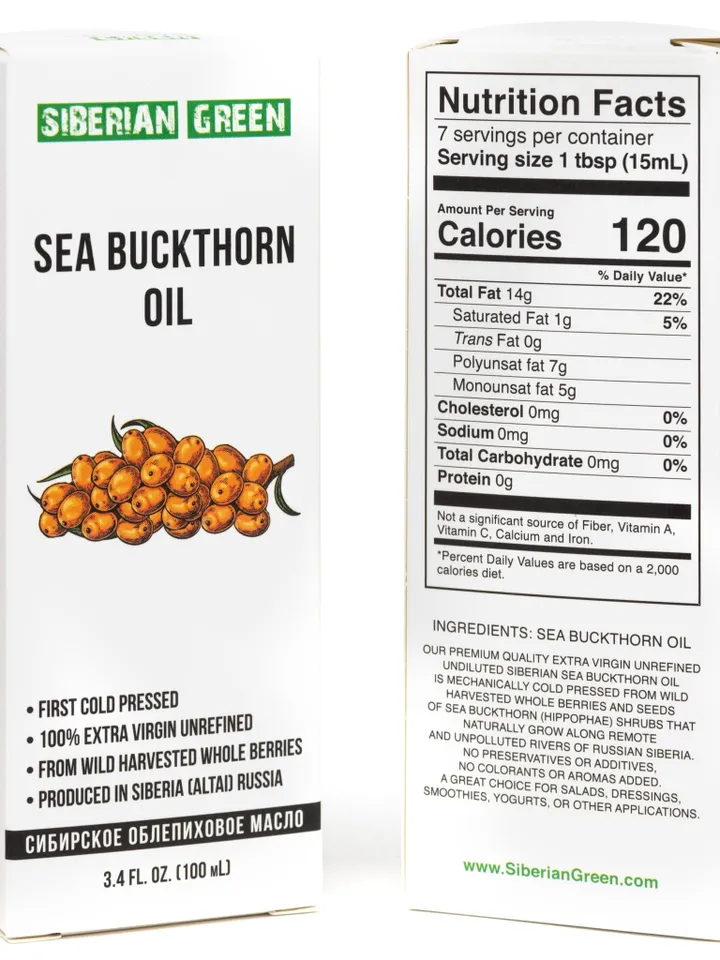 Siberian Sea Buckthorn Seeds and Berries Oil Natural Extra Virgin Cold Pressed 100 ml/3.4 fl oz Premium Carotenoids