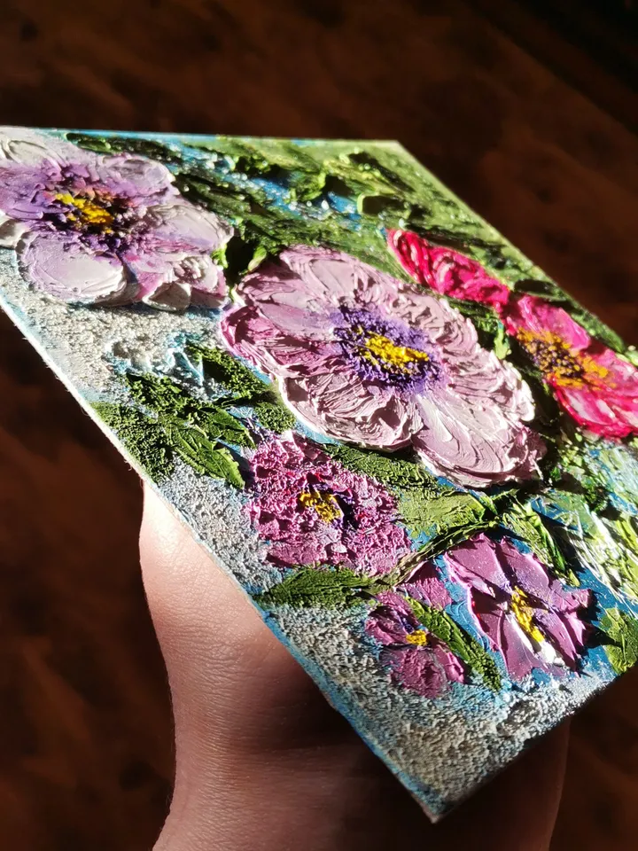 Oil painting flowers "Hollyhocks in the garden"20x20 cm, (7,87x7,87 inches) , 3D, impasto