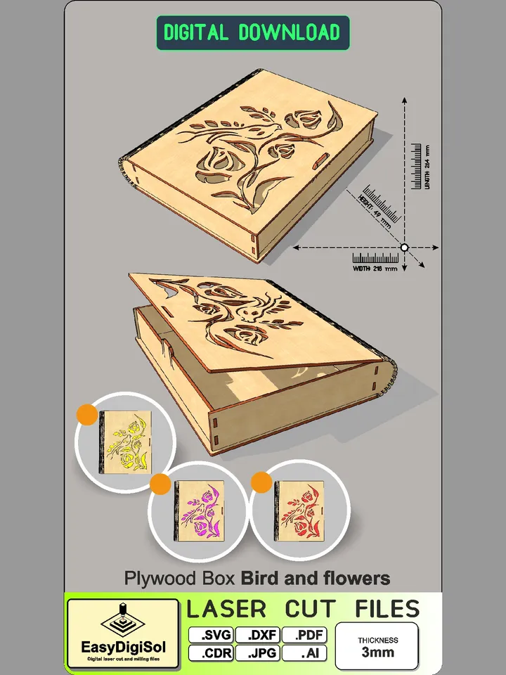 Wooden Box Bird and flowers laser cutting files SVG DXF Glowforge CNC templates V-Day Gift plywood cutting Gift for wedding engraving milling