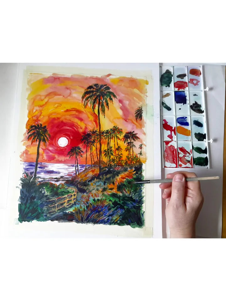 Laguna Beach Painting Sunset Original Art California Painting Watercolor Art Palm Tree Artwork 14 by 11 by TatianaArtShop