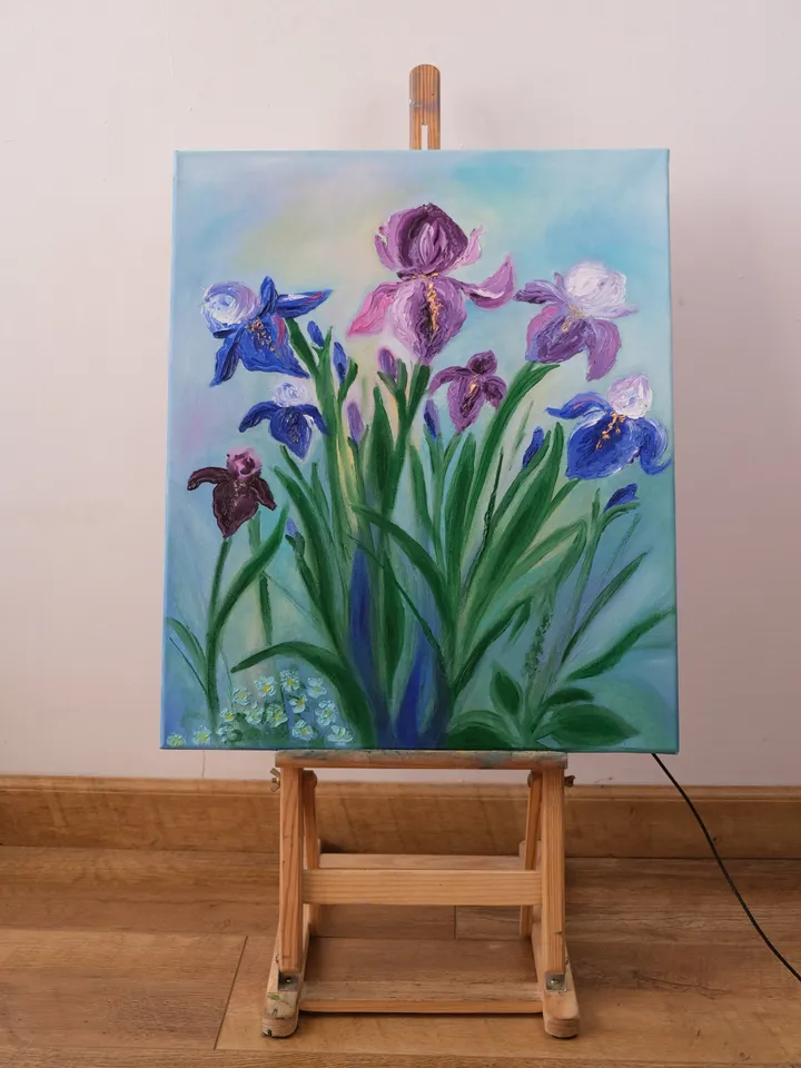 Oil Painting Irises Spring Flowers Floral Art Nature Bouquet of Irises Collectible Art Gift For the Occasion Wall Decor Stretched Canvas 22x18 inches 55 x45 cm Impressionism