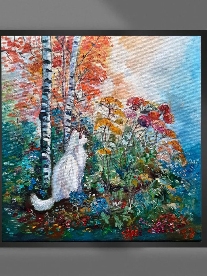White Cat Original Oil Painting Oil on canvas