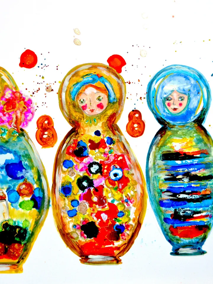 Russian dolls Poster, colourful poster made from my original mix media painting on yupo paper,dolls painting wall decoration