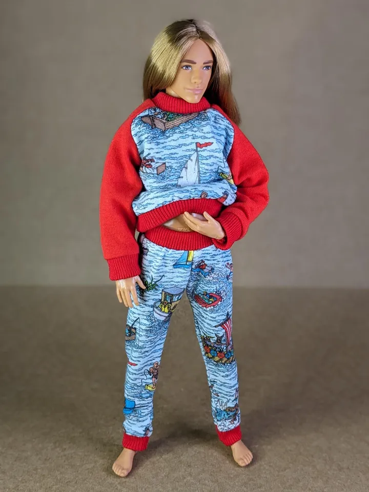 Handmade red & blue casual set (longsleeve, pants) for 12-inch fashion male dolls