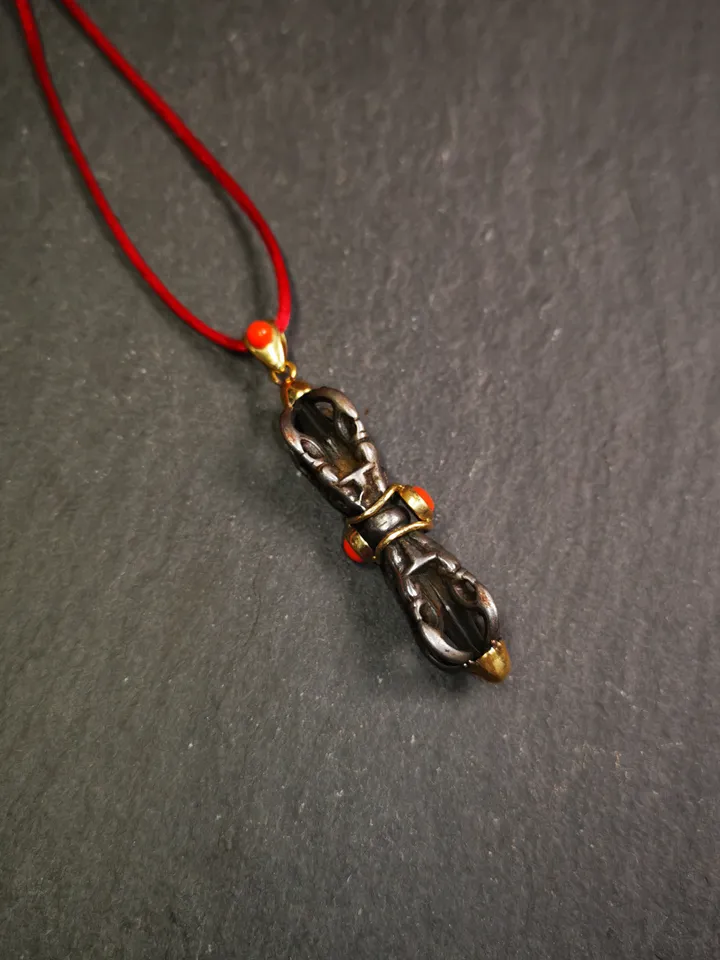 Gandhanra Tibetan Buddhist Amulet,Five-pronged Dorje Vajra Pendant with Leather Chord,Made of Cold Iron,1.77&quot;
