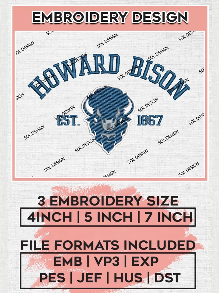 Howard Bison Est 1867 Logo Embroidery Designs, NCAA Howard Bison Team Embroidery, NCAA Team Logo, 3 sizes, Machine embroidery Files, Digital Download