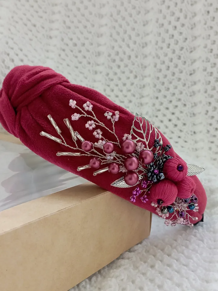 Magenta tie headband for women, beaded crystal headband, velvet embroidered headband, embellished headband, turban headband
