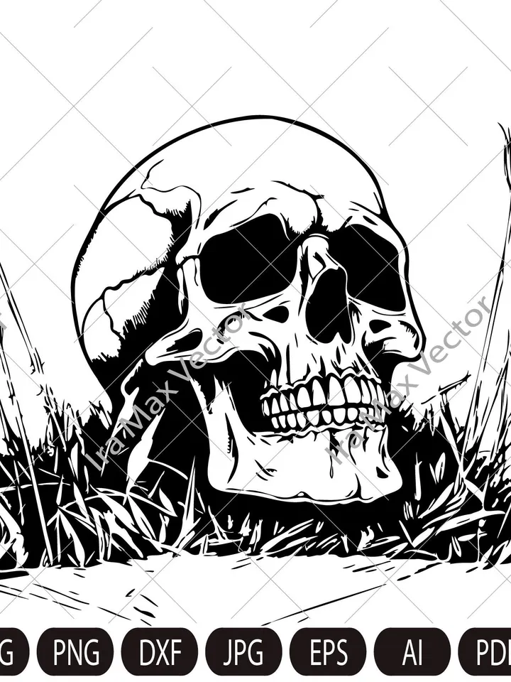 Skull svg file, Skull in the grass svg, Skull cut file, Skull in the field , Day of death , skull png , halloween, gothic, goth