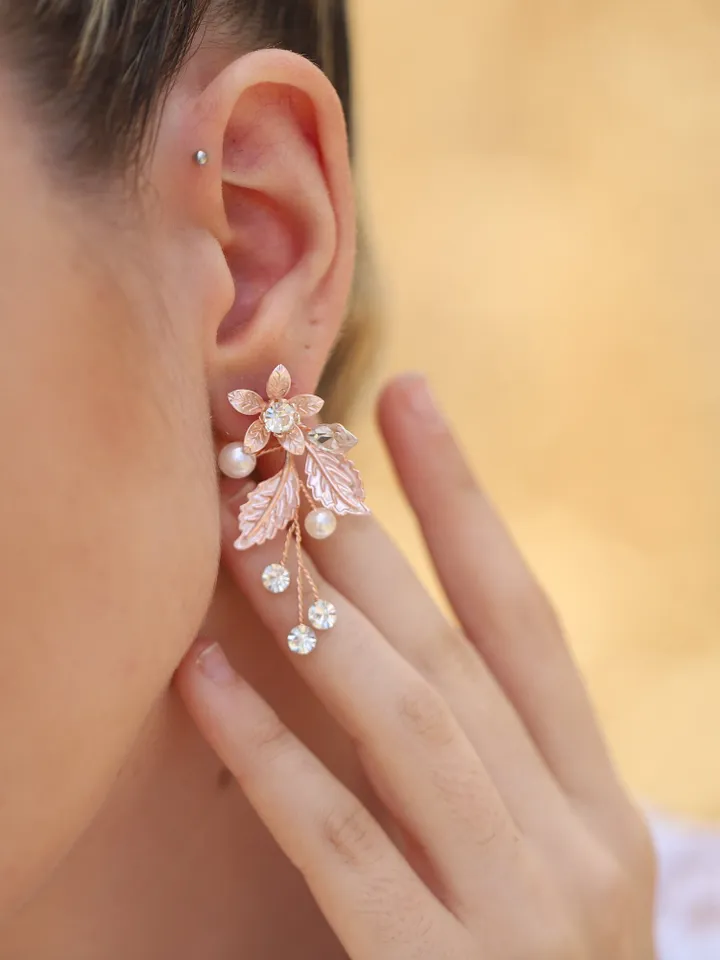 Boho Wedding Earrings, Rose Gold Chandelier Statement Floral Wedding Earrings, Flower Jewelry For Bride, Jewellery, Accessories, Jewelry Set
