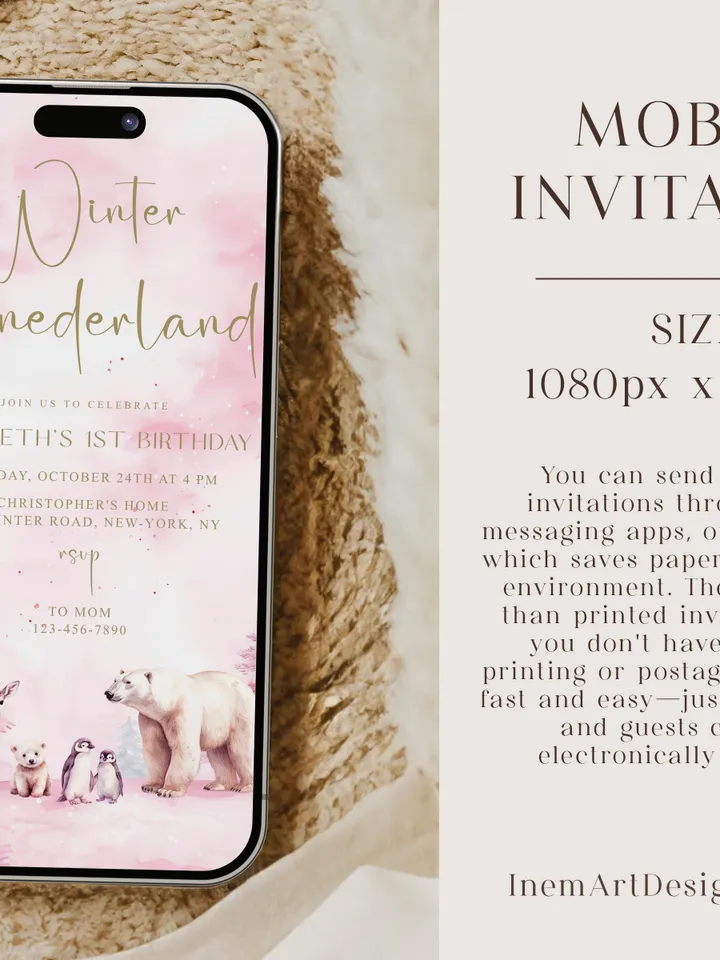 Winter Onederland Birthday Girl Invitations, Editable Pink Winter 1st Birthday Invite Template, Pink Christmas First Birthday Party - I123