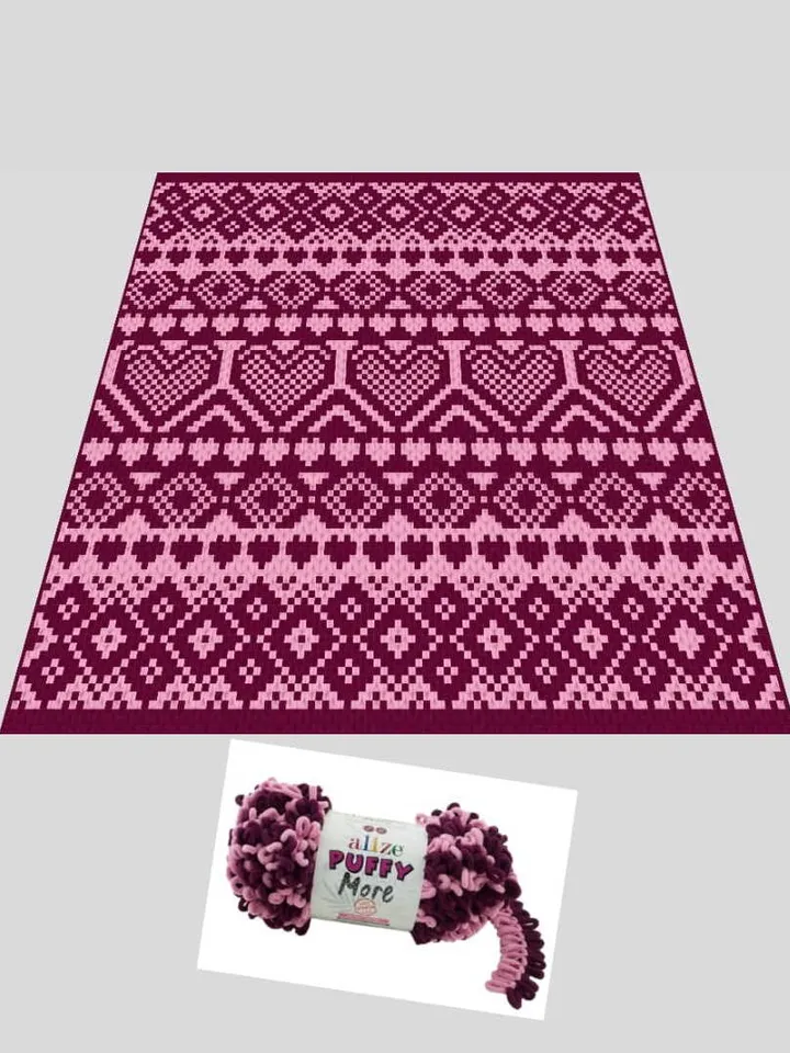 Hearts Fantasy-Loop yarn Finger knitted blanket pattern