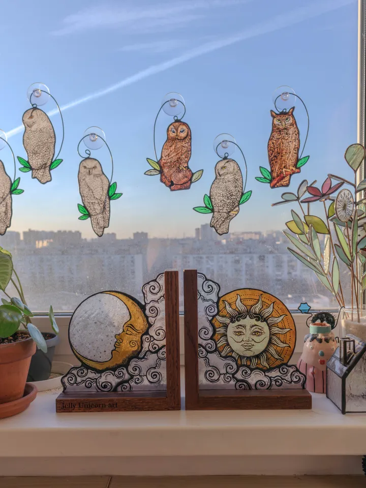 Stained glass bookends with moon and sun, Celestial home decor, Moon Tarot Art