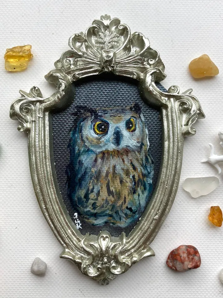 Owl Oil Painting Original In Vintage Style Frame Small Framed Bird Art Baby Owl