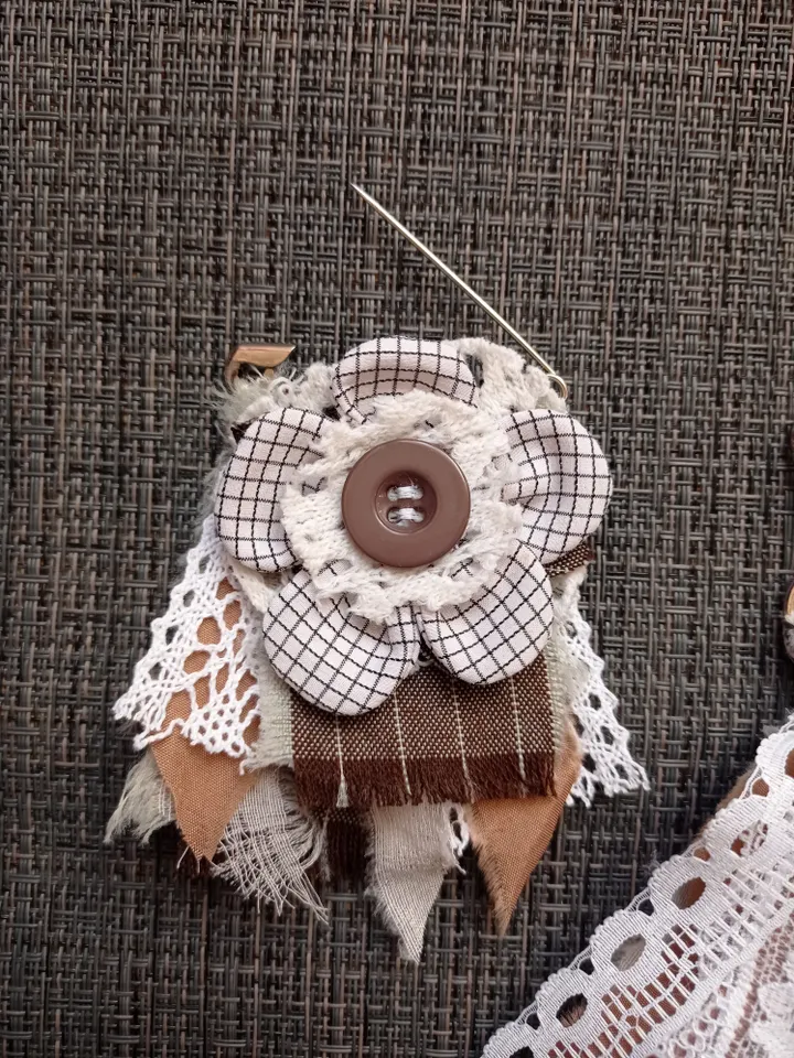 Brooch and keychain made of ribbons and boho fabric set