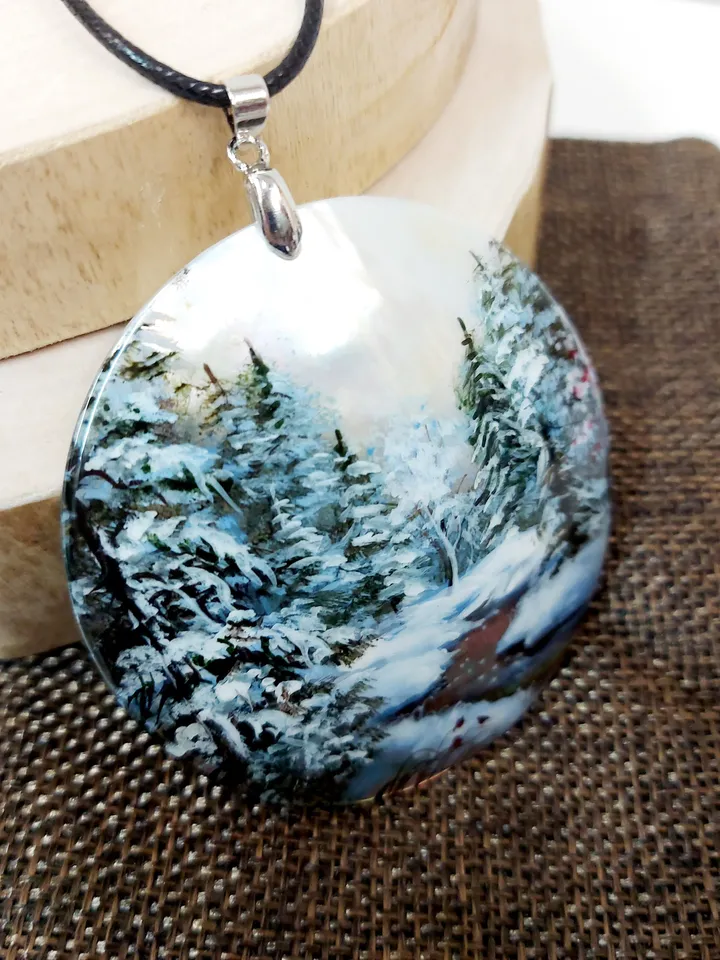 Mother-of-pearl pendant "Winter. River in winter". Miniature on the sink. Hand-painted jewelry. An artistic gift from Fedoskino