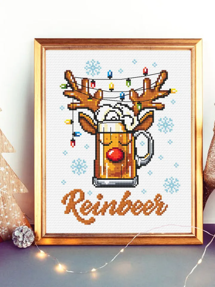 Funny Christmas reindeer cross stitch pattern PDF Christmas beer cross stitch chart, Reinbeer pattern digital PDF, Beer lover gift #N110
