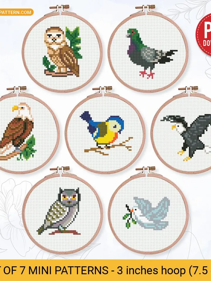 Bundle mini Birds 7 Cross stitch patterns, contemporary, Abstract, 3 inches, beginner, modern chart, gift DIY, embroidery, instant PDF