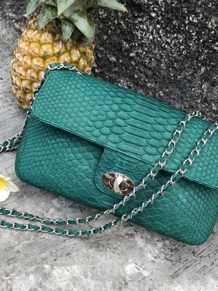 Dark Green Genuine Python Skin Crossbody Chain Bag | Bright Summer Bag | Elegant Women Bag | Chain Strap Crossbody Deep green classy Purse