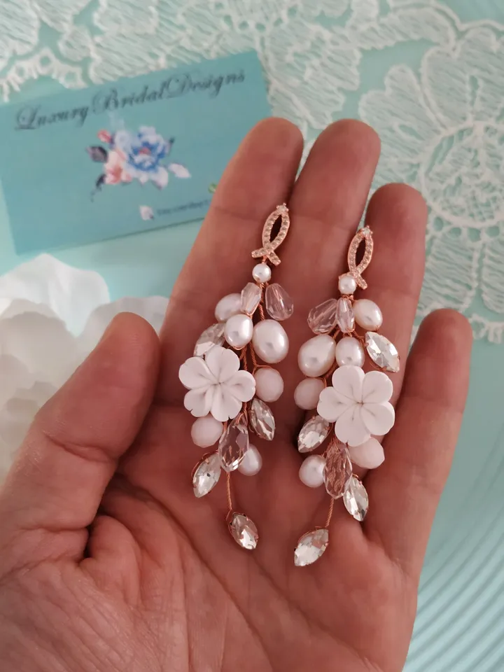 Rose Gold Porcelain Flowers Bridal Earrings, Freshwater Pearl Chandelier Statement Earrings, Swarovski Crystal Bride Jewelry, CZ Jewellery