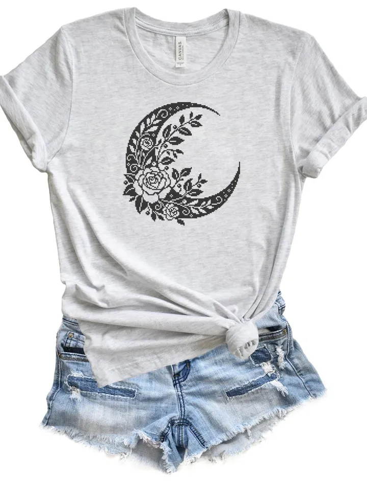 Crescent moon and flowers cross stitch pattern PDF download Floral moon cross stitch chart, Moon pattern digital PDF, Moon embroidery #P50