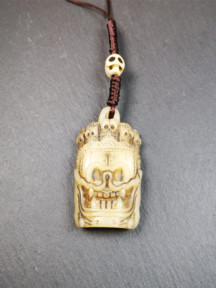 Gandhanra Tibetan Amulet,Yak Bone Carved Skull Masters of Sitavana Badge, Hand-carved Skull Pendant