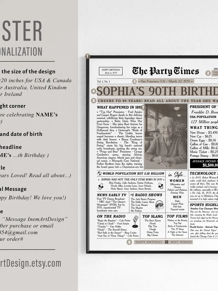 90th Birthday Gift for Grandma or Grandpa, 1935 Birthday Newspaper , 90th Birthday Gifts for Her, 90th Birthday Decorations Gift for Women