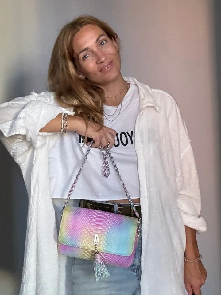 Genuine python skin midi crossbody bag unicorn rainbow color, summer bright crossbody, elegant classy crossbody purse genuine leather