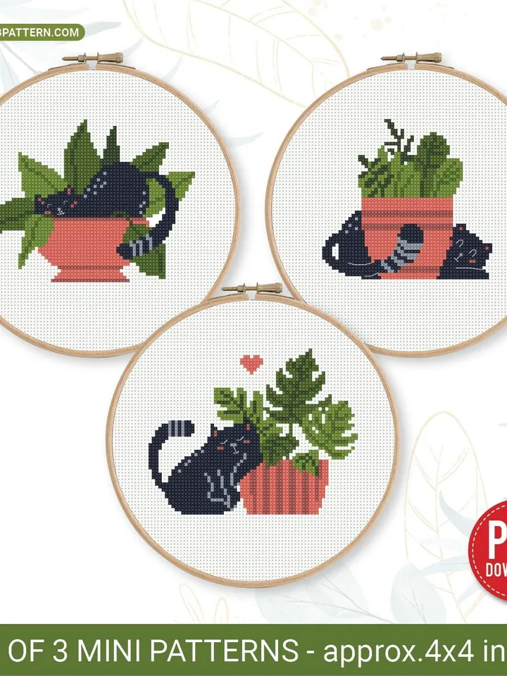Mini cats with Plants set 3 Cross stitch patterns, contemporary, Floral, animals, beginner, modern chart, gift DIY, embroidery, Digital PDF
