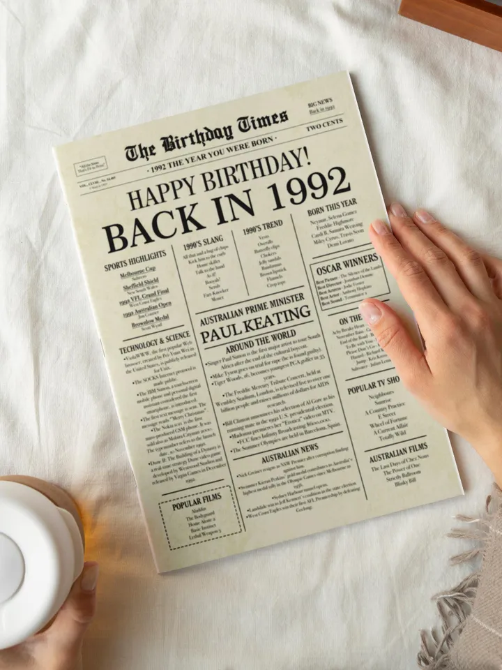 33rd birthday newspaper poster back in 1992 printable sign 1992 birthday fun facts 33 years ago digital download file australia birthday
