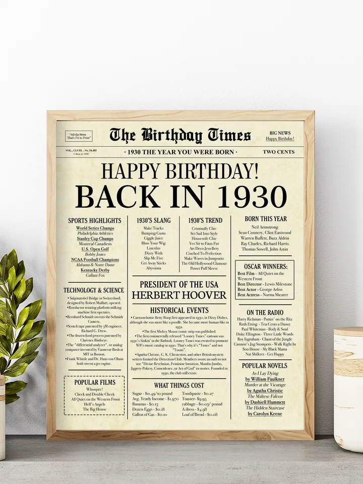 Back in 1930 Birthday Card - 95th Birthday Gift for Women or Men - 95th Birthday Decoration for Grandmother or Grandpa - Funny Table Centerpiece for 95 Years Old Birthday Party - Last Minute Gift