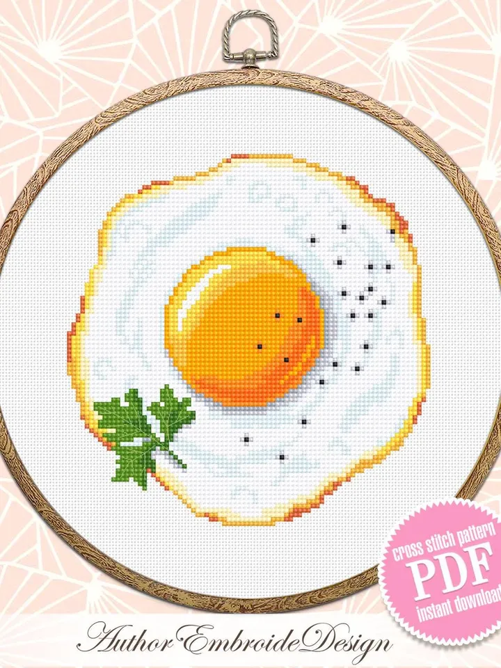 Fried egg cross stitch pattern PDF instant download Food cross stitch chart for beginners, Small egg pattern digital PDF, Kitchen decor #F21