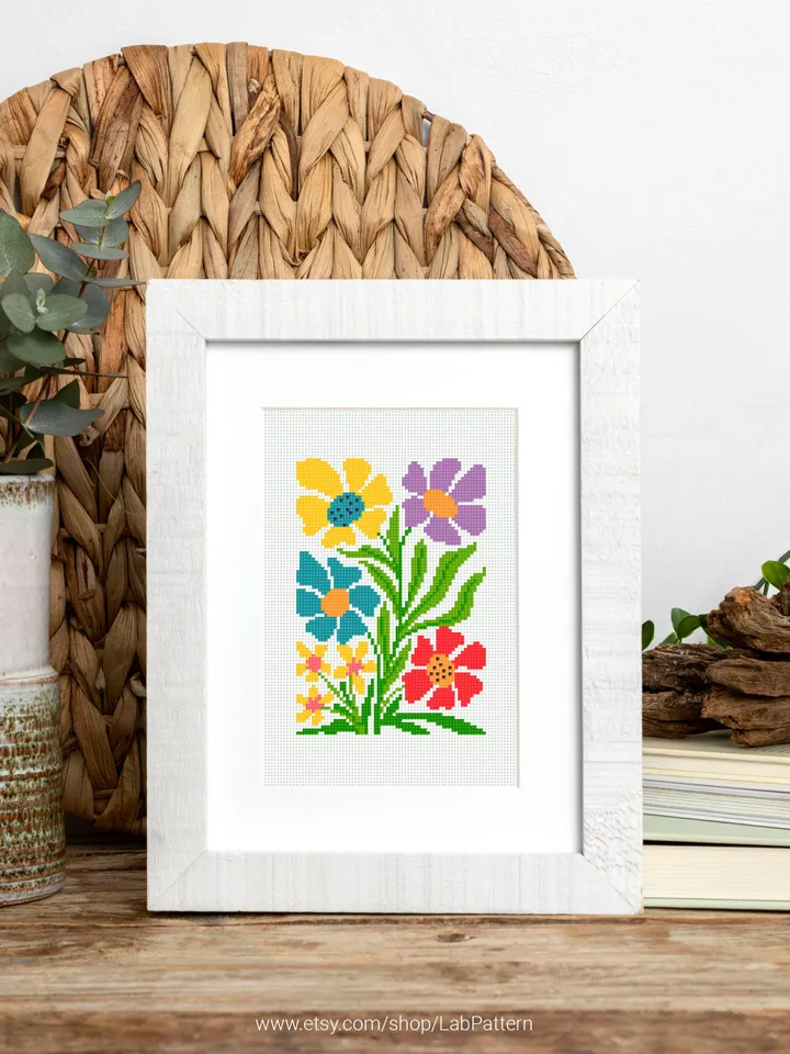 Bundle of 3 mini contemporary Flowers Cross stitch patterns Abstract floral Plant beginner counted modern chart DIY embroidery instant PDF