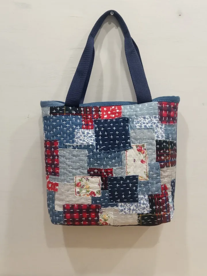 Quilted bag, patchwork bag, handmade bag, small handbag made of cotton and jeans, quilted textile handbag ,tote bag,