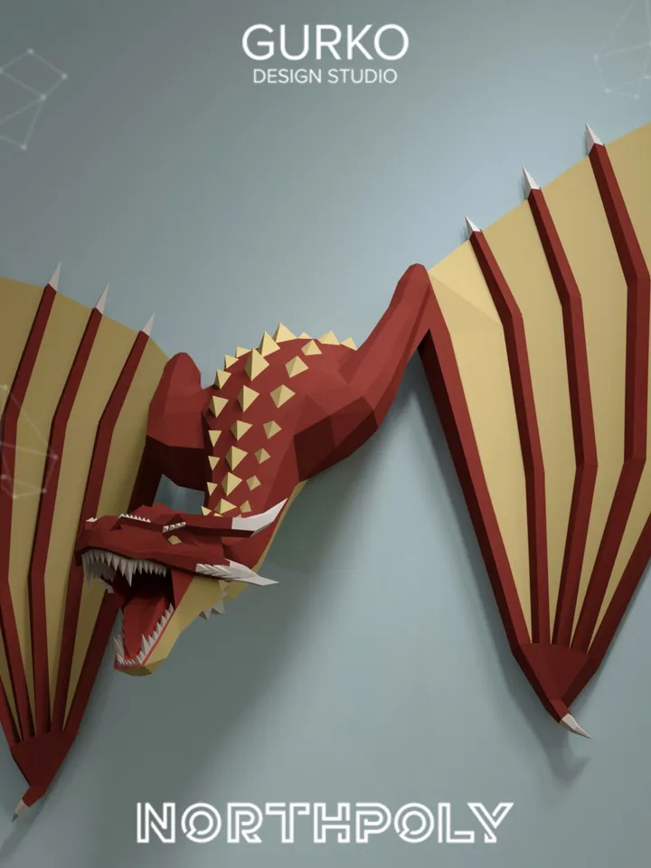 Papercraft Dragon Crawling Out Of The Wall, Digital Template, PDF Download, Gurko, 3D Low Poly, Pepakura, DIY Origami Sculpture, Paper Decor