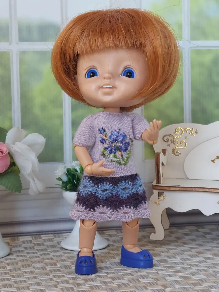 Miniature knitted clothes for doll 4 inches with micro embroidery