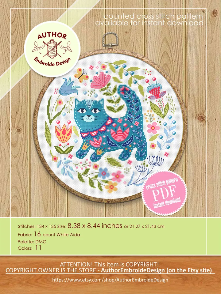 Floral cat cross stitch pattern PDF download Scandinavian folk cross stitch chart, Nordic cross stitch Scandinavian ornament embroidery #K20