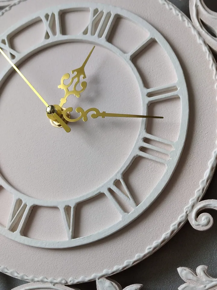 Small pink wall clock with white ornaments and roman numerals in vintage style Silent clock for bedroom, living room or nursery Gift for Christmas, Birthday, Mother's Day, Wedding, Housewarming