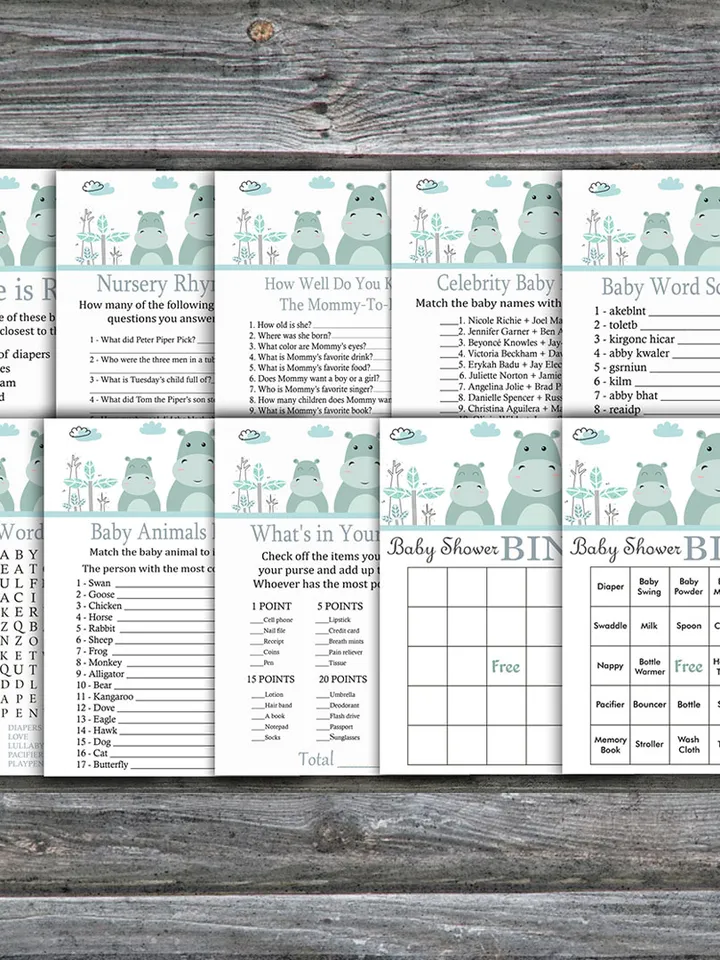 Hippo baby shower games bundle,Jungle Baby Shower games package,Fun Baby Shower Games,9 Printable Games-325
