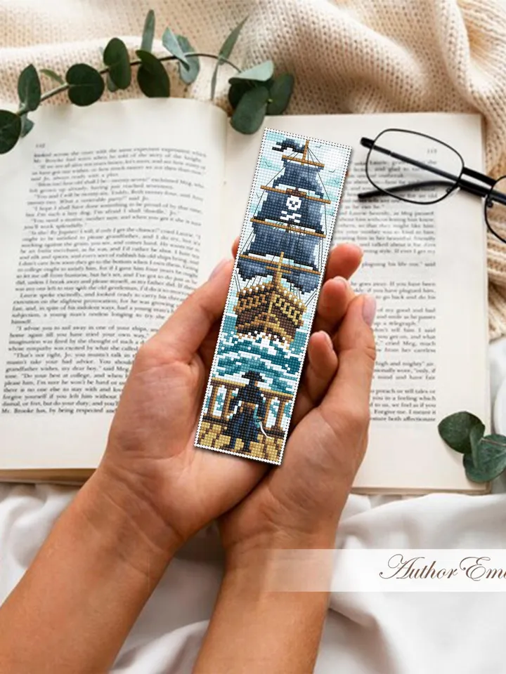Pirate bookmark cross stitch pattern PDF download Pirate ship cross stitch chart, Needlepoint bookmark pattern digital PDF for boys #B474